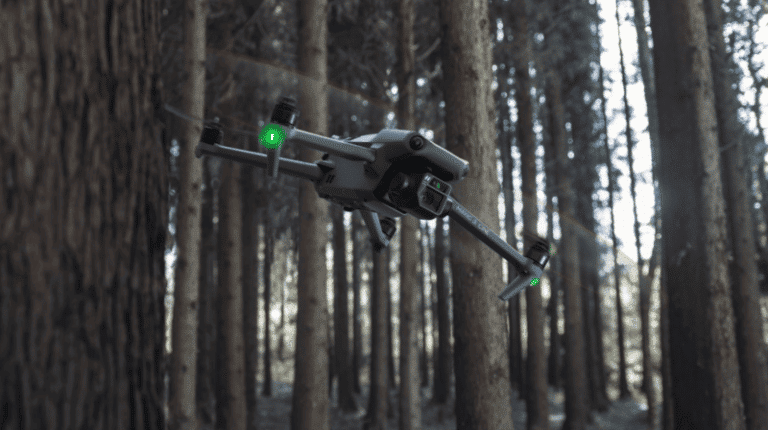 Dron sobrevolando un bosque repleto de árboles con una cámara 360 instalada.